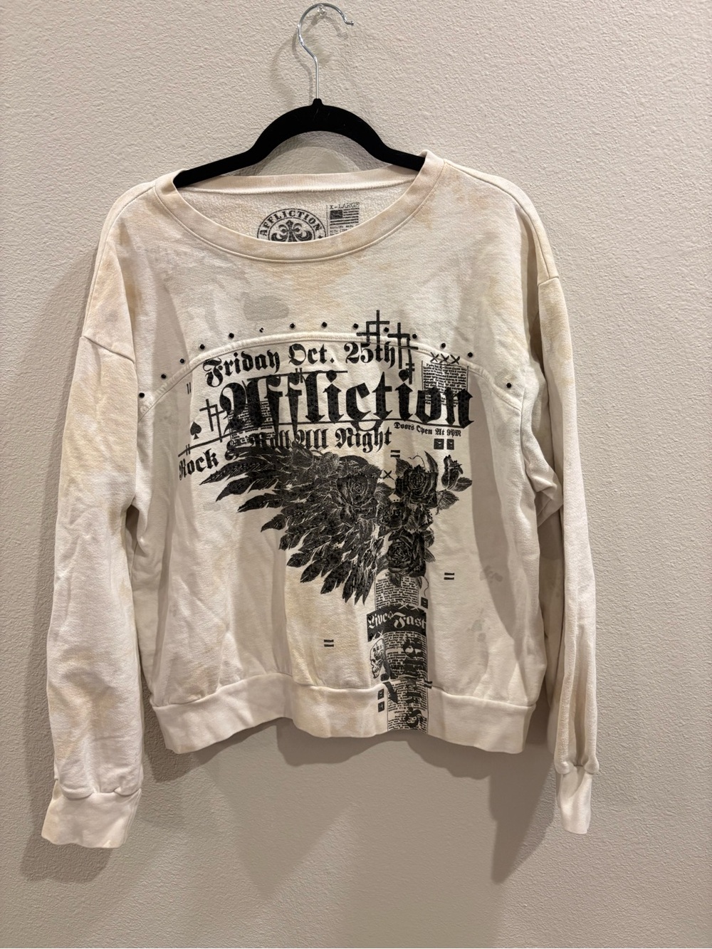 Affliction Cream Graphic Crewneck Sweatshirt with Black Wing Print